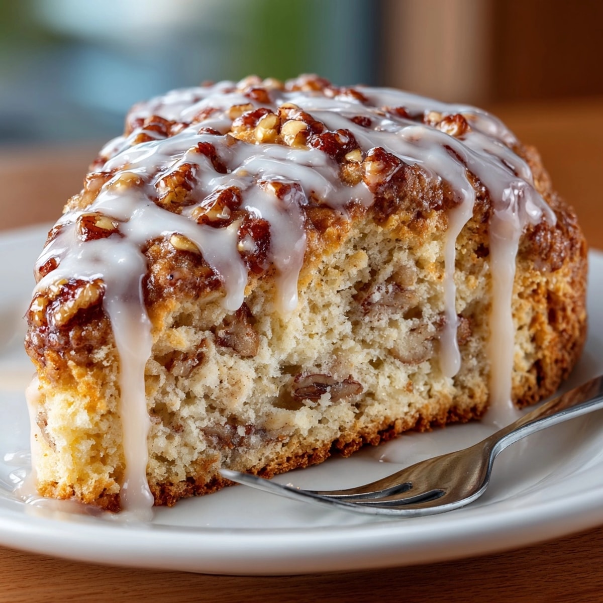 Close-up of flaky Maple Walnut Scone, showing walnut pieces and sweet maple cinnamon icing detail.