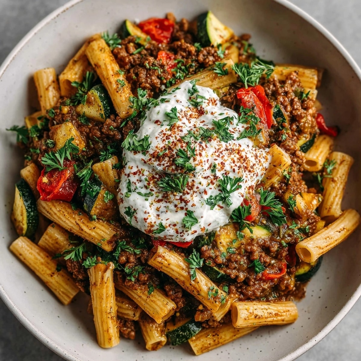 Close-up of a flavorful Quick Turkish Pasta Bowl, topped with creamy yogurt sauce.