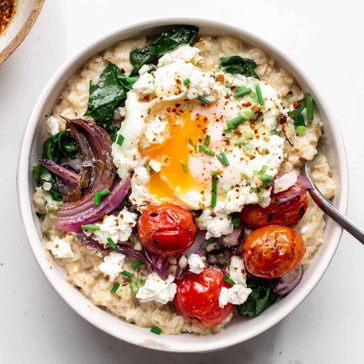 Savory oatmeal bowl: Creamy, comforting breakfast topped with vibrant sautéed vegetables and a fried egg.