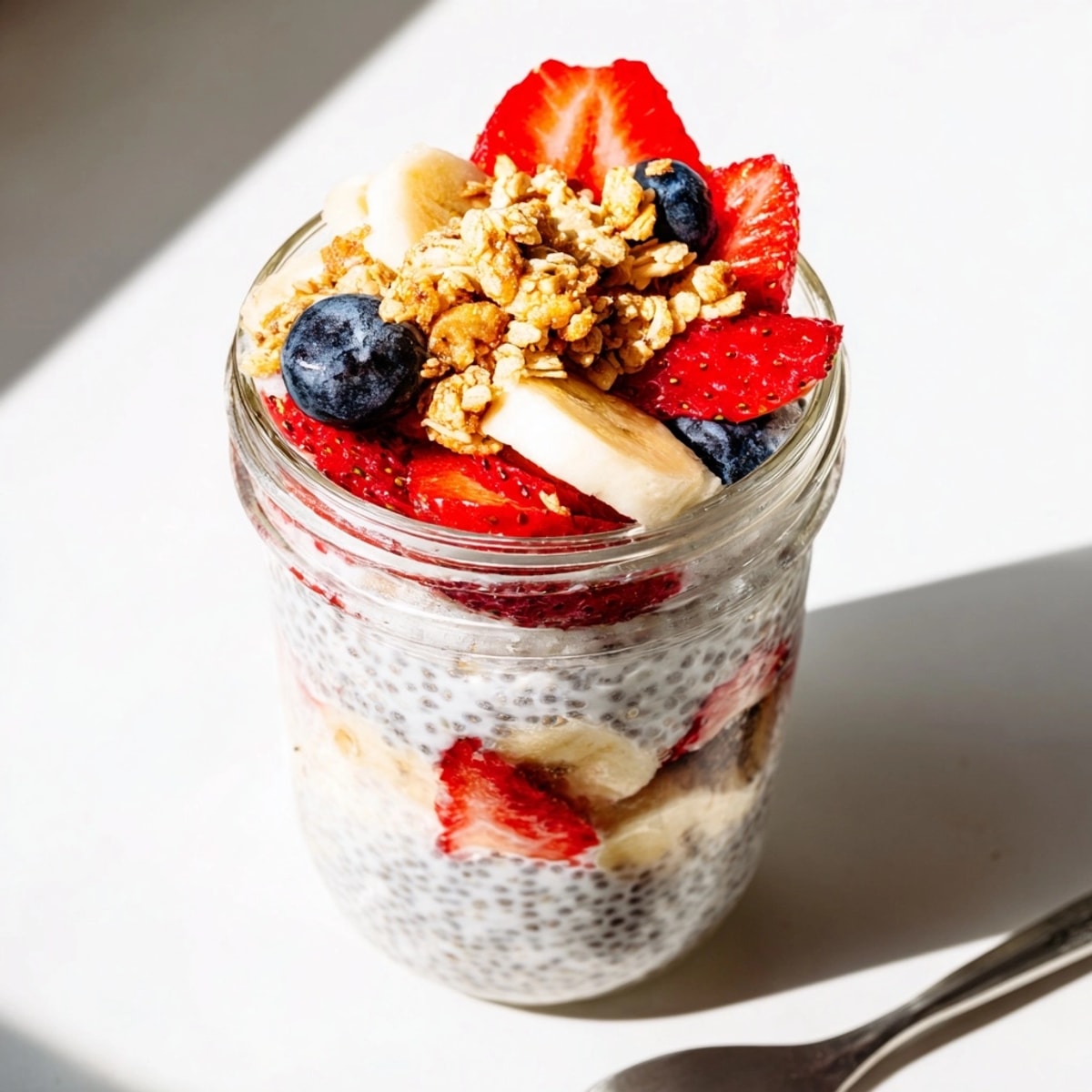 Creamy Chia Pudding Parfait layered with sweet berries, banana, and crunchy gluten-free granola.