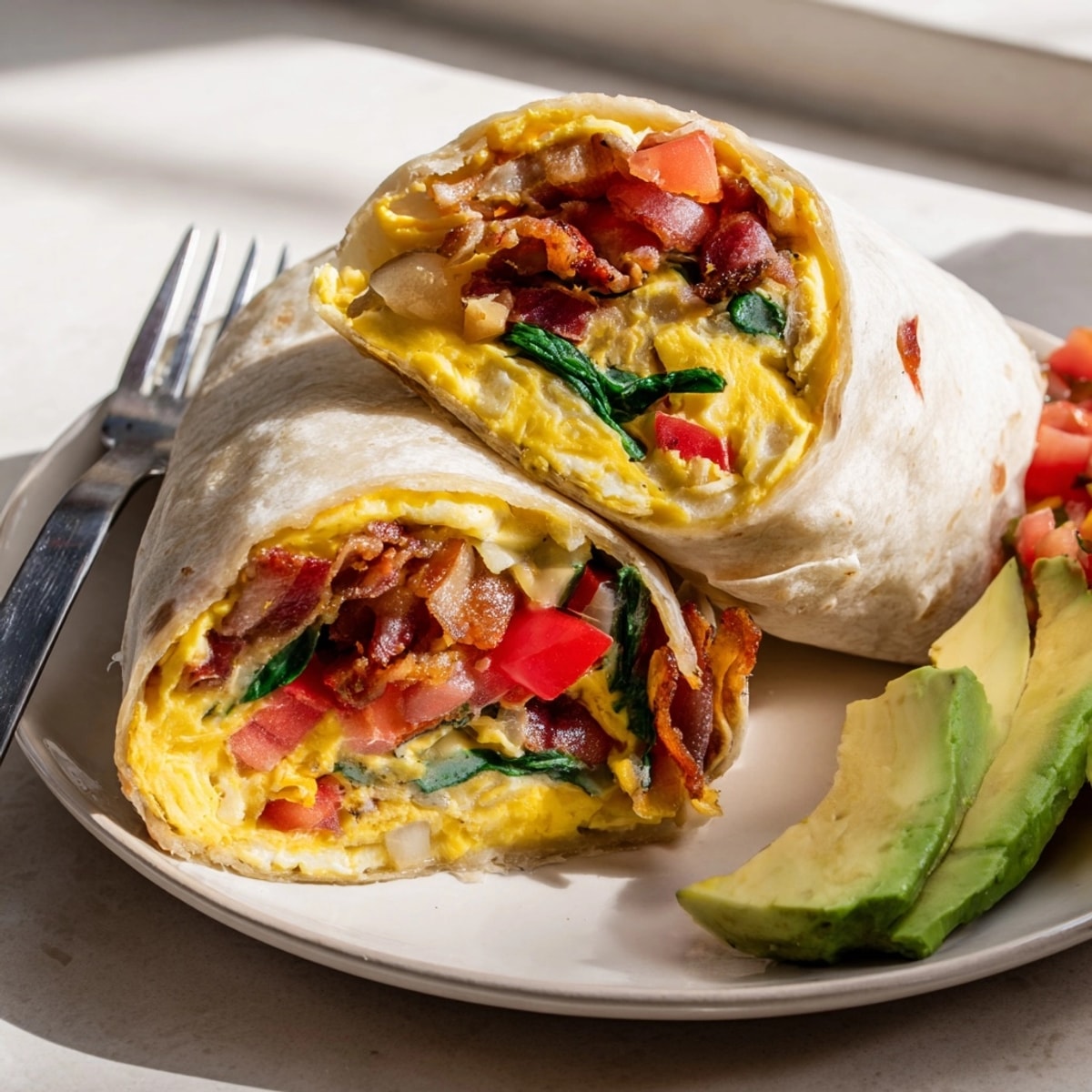 Savory Breakfast Burrito with colorful bell peppers, soft eggs, and avocado slices inside.