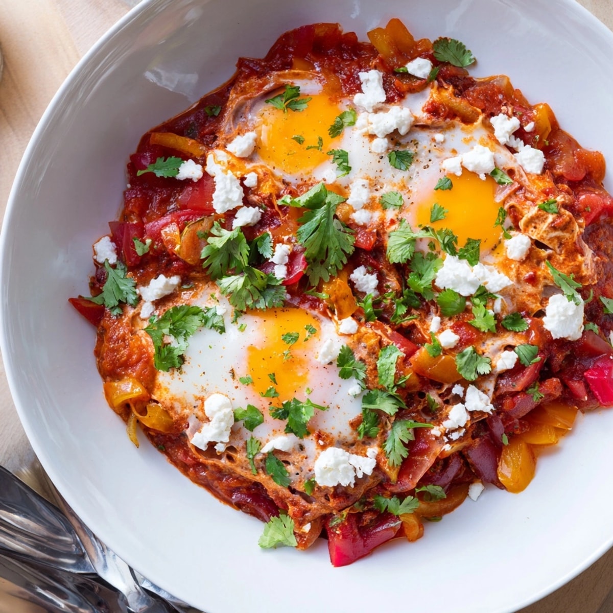 Delicious homemade Shakshuka simmering in a cast iron pan, topped with fresh herbs.