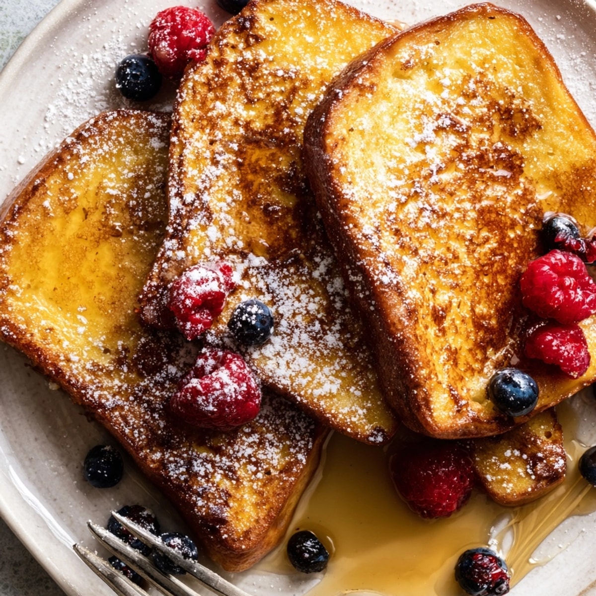 Golden brown Brioche French Toast, a buttery breakfast soaked in sweet vanilla custard.