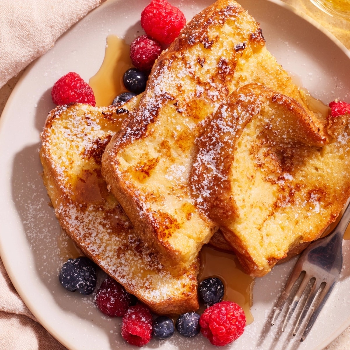 Pan-fried Brioche French Toast: crispy edges soaked, fluffy interior — a luxurious breakfast.