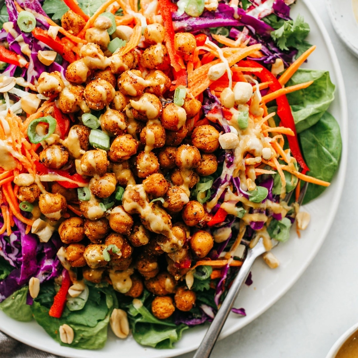 Close-up shot of a vibrant Thai Peanut Roasted Chickpea Salad with luscious peanut dressing.