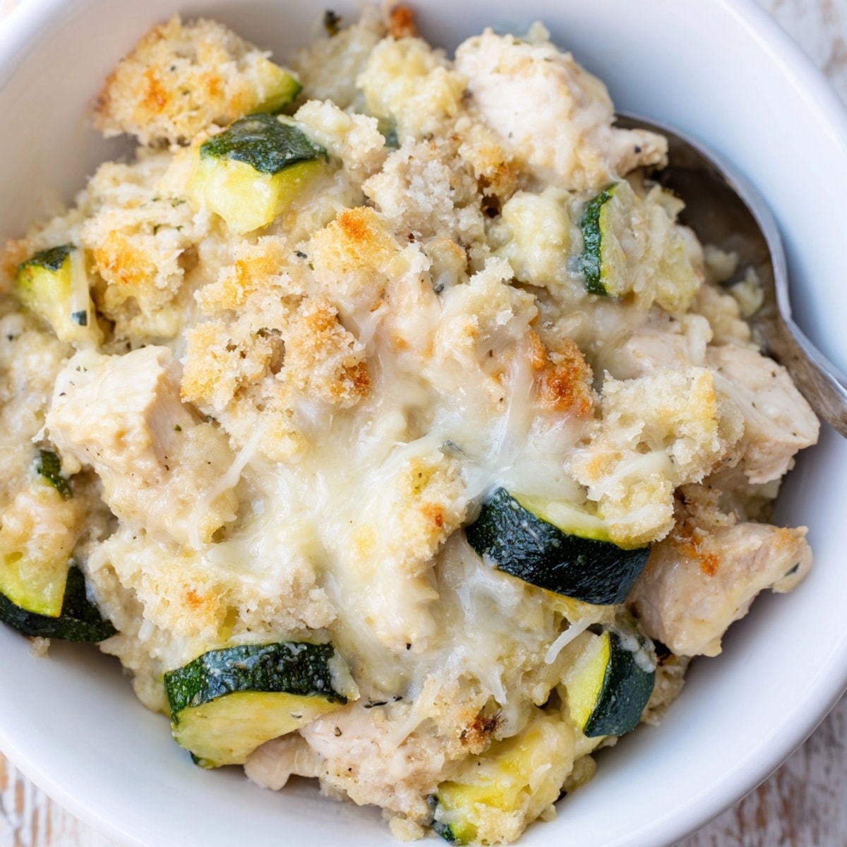Golden Alfredo Chicken Zucchini Casserole, bubbling hot from oven, cheesy and fragrant.