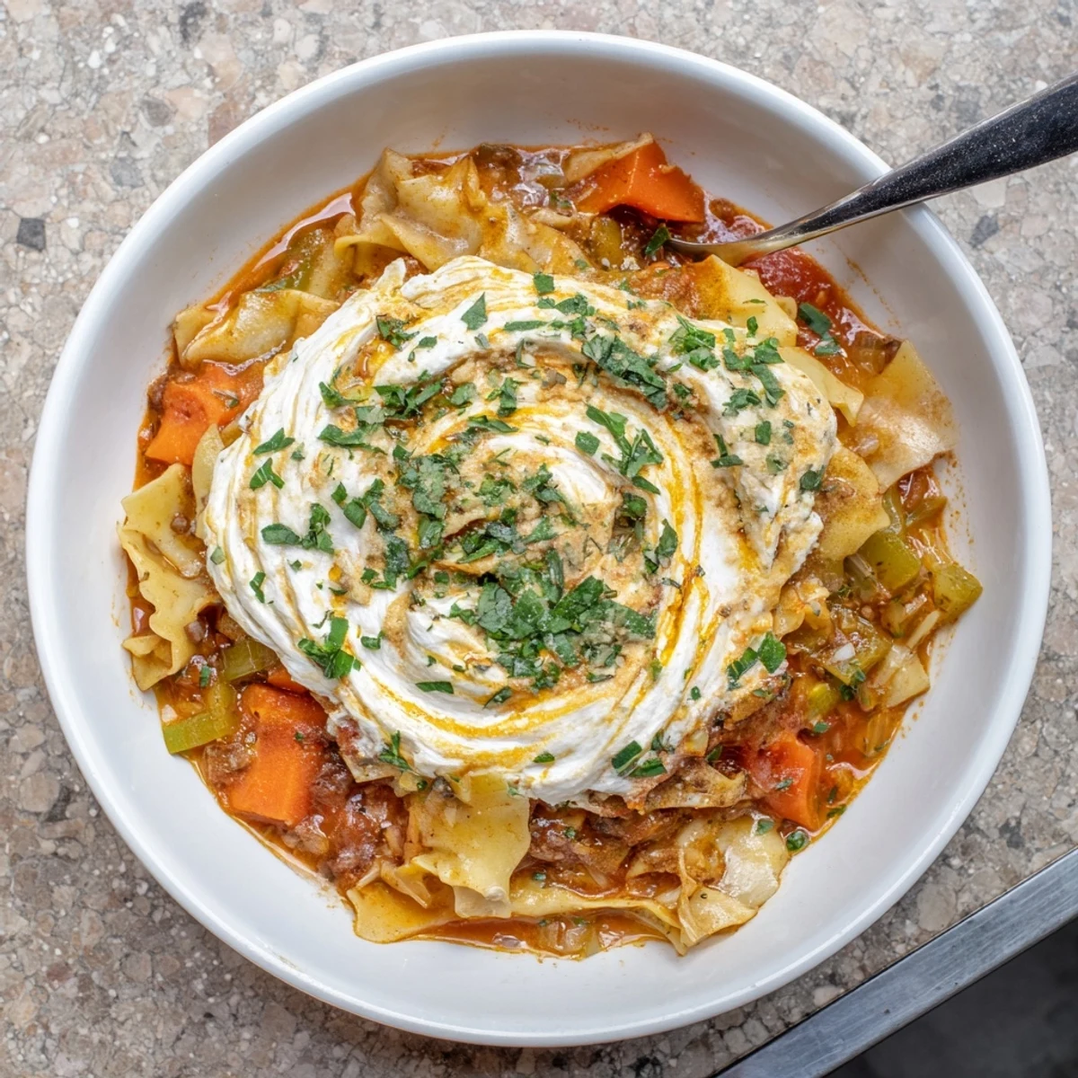Delicious Lasagne Soup with Caramelized Onion Swirl, featuring tender noodles and rich flavors.