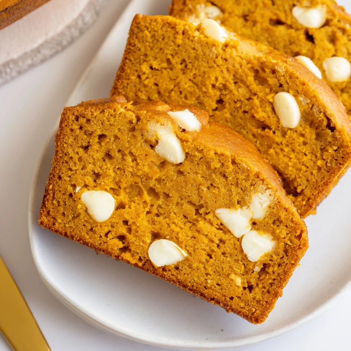 Golden-brown Pumpkin White Chocolate Muffin Loaf, infused with warm spices and sweet creaminess.  