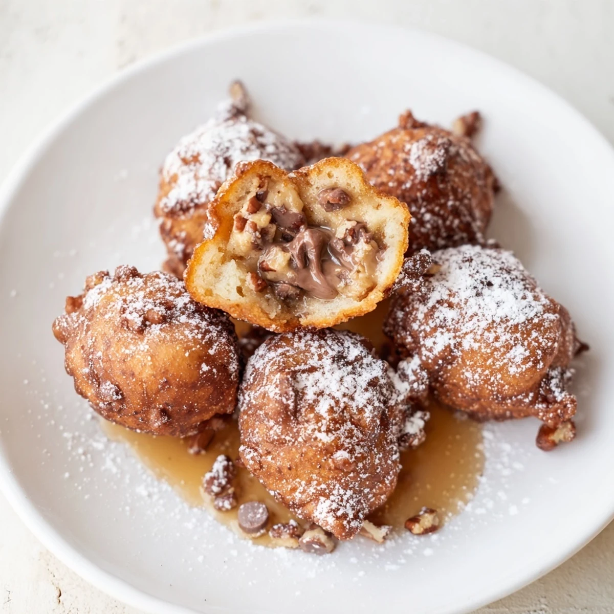 Crispy Maple Pecan Cookie Dough Fritters drizzled with syrup and dusted sugar.  