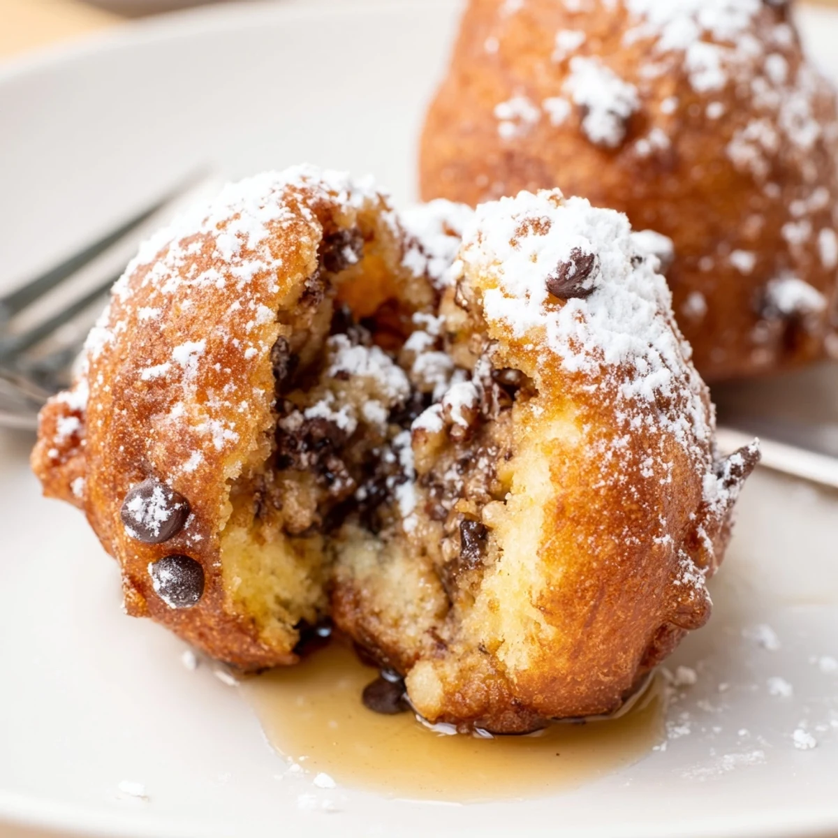 Decadent Maple Pecan Cookie Dough Fritters served warm with a sweet drizzle.