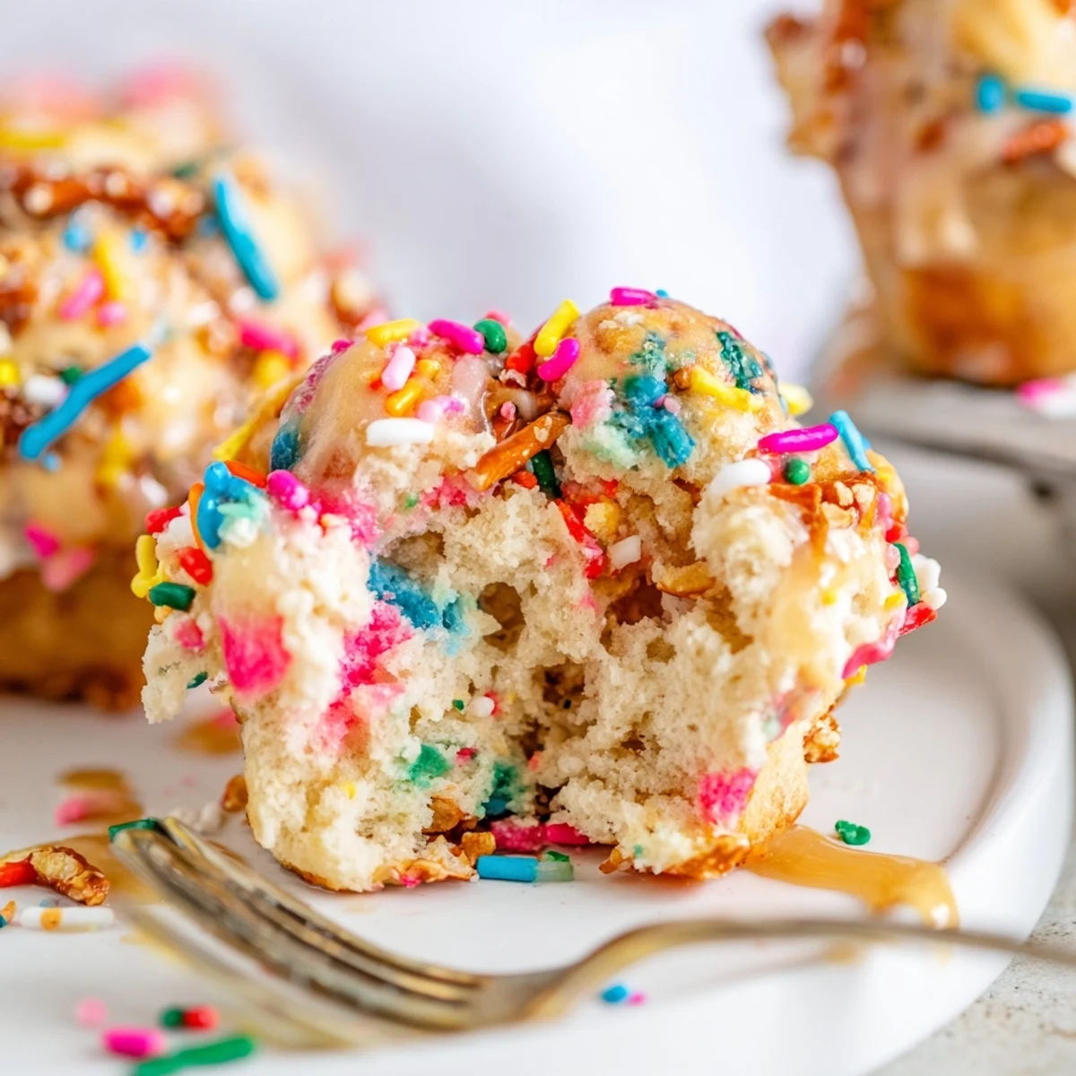 Colorful Funfetti Soda Pretzel Monkey Muffins topped with sparkling sprinkles and buttery glaze.