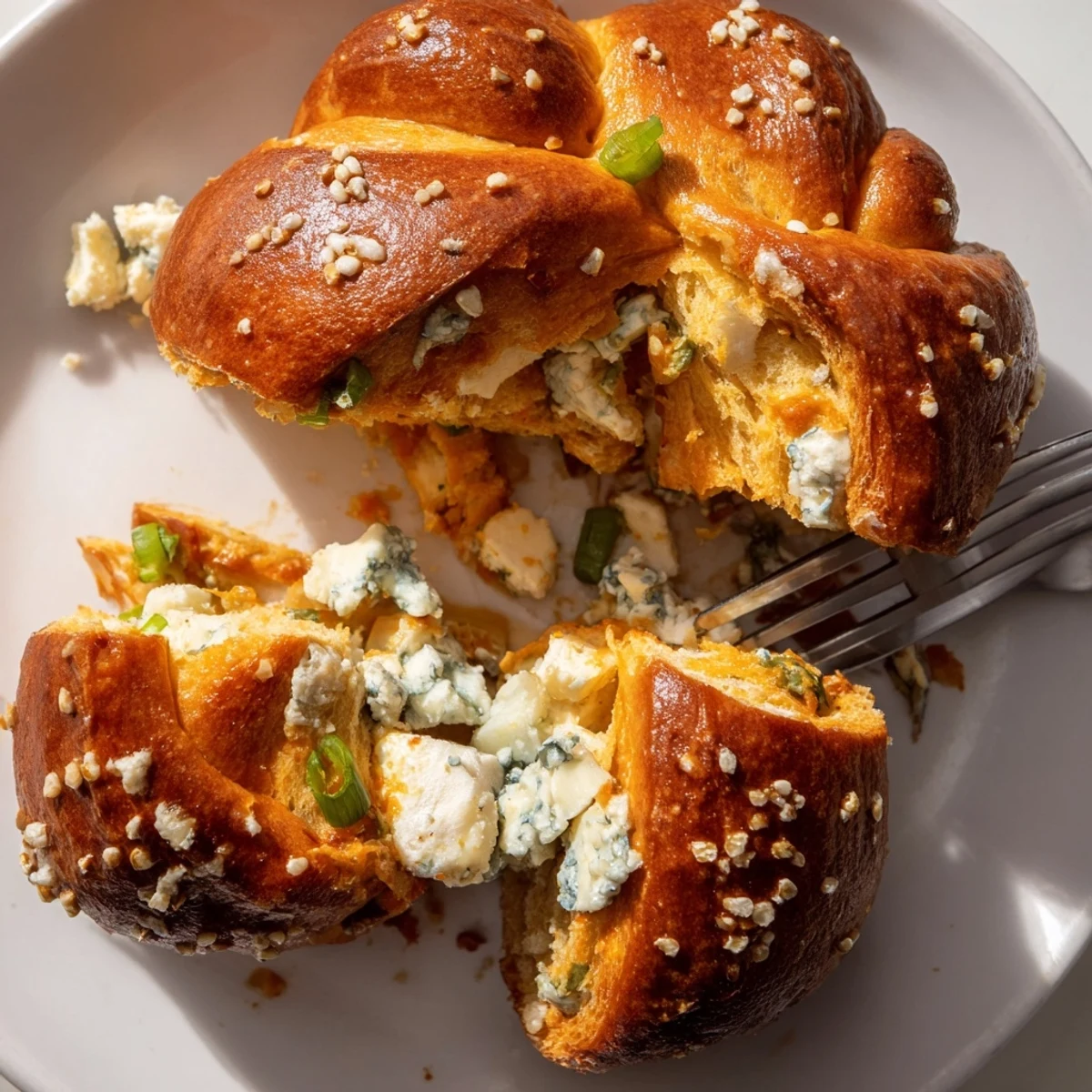 Fluffy Spicy Buffalo Biscuit Pretzel Scones topped with flaky sea salt and blue cheese.  
