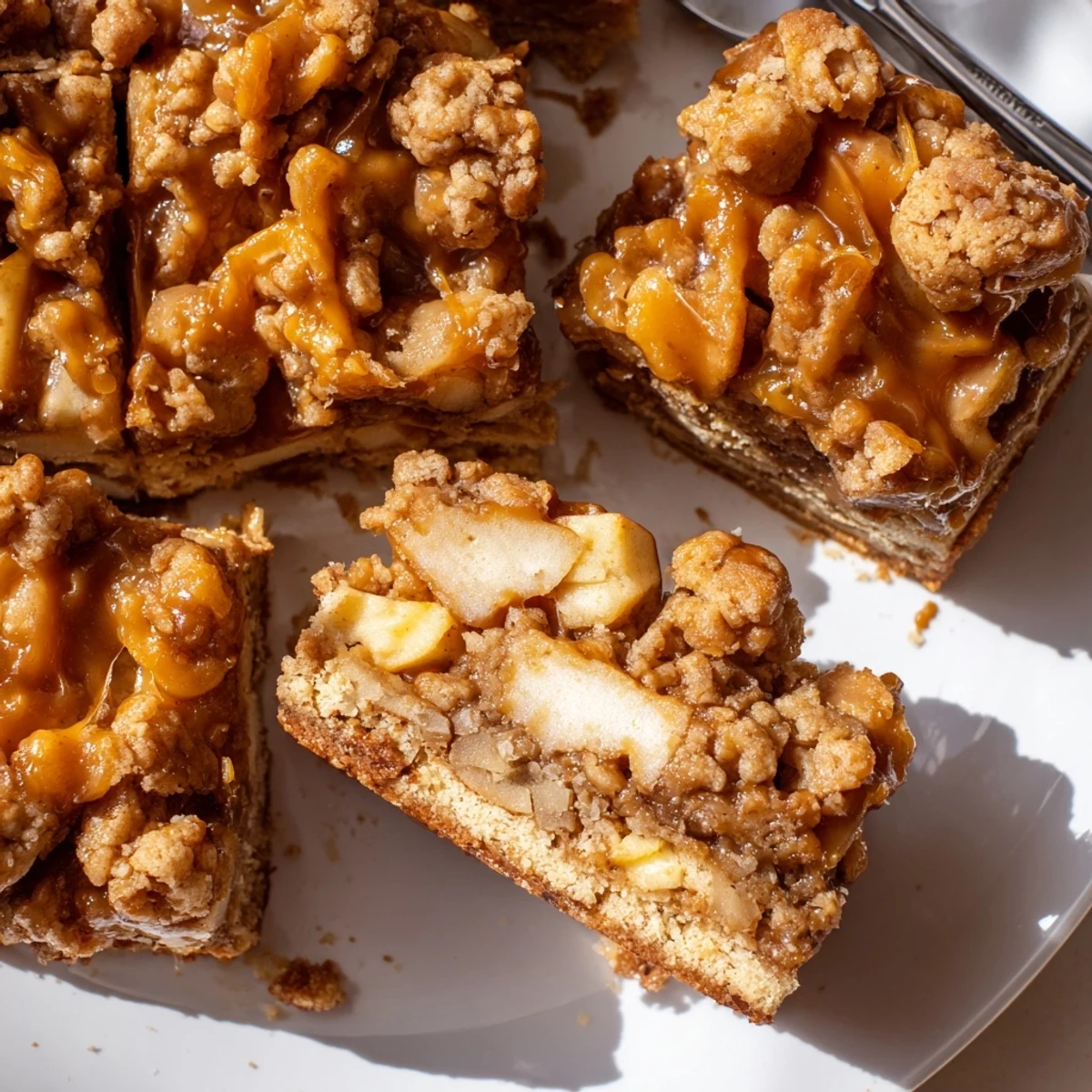 Buttery Caramel Apple Cinnamon Crunch Blondies topped with crunchy streusel and drizzled caramel.  