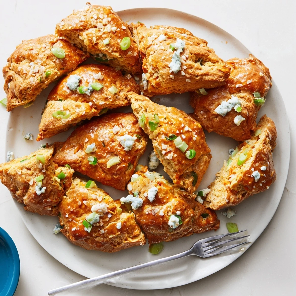 Golden brown Spicy Buffalo Biscuit Pretzel Scones seasoned with sea salt for flavor.  