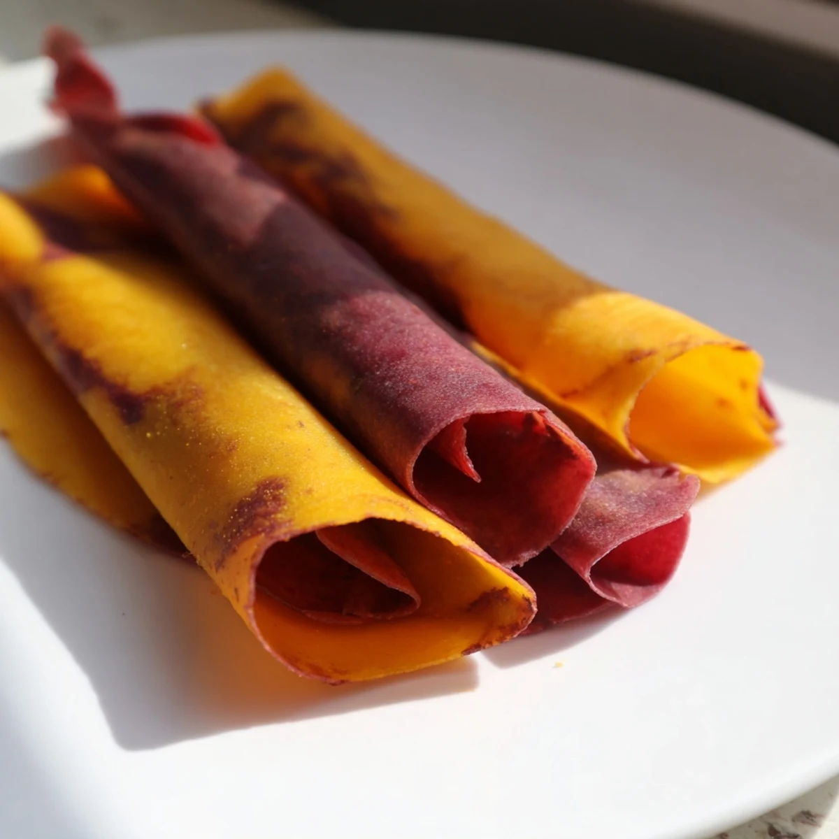 Homemade fruit leather strips made from fresh strawberries and mango for snacking.  