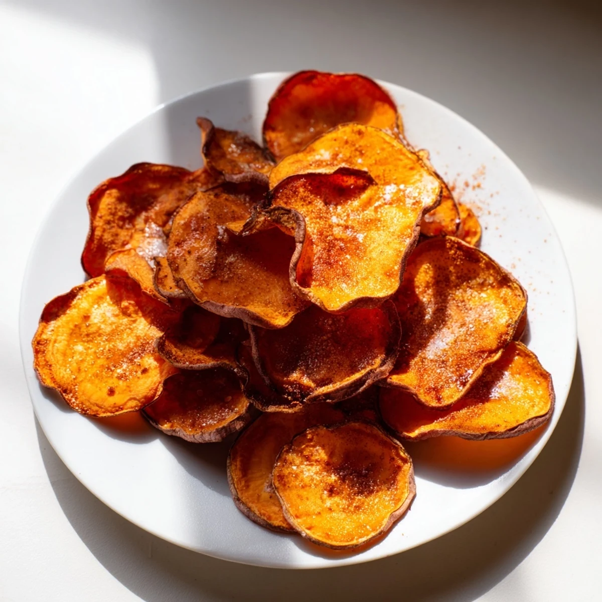 Golden brown air fryer sweet potato chips garnished with salt and paprika.  