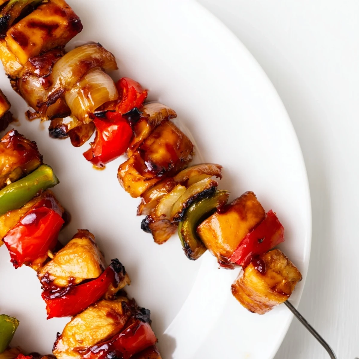 Colorful chicken skewers with bell peppers and onions drenched in teriyaki glaze.  