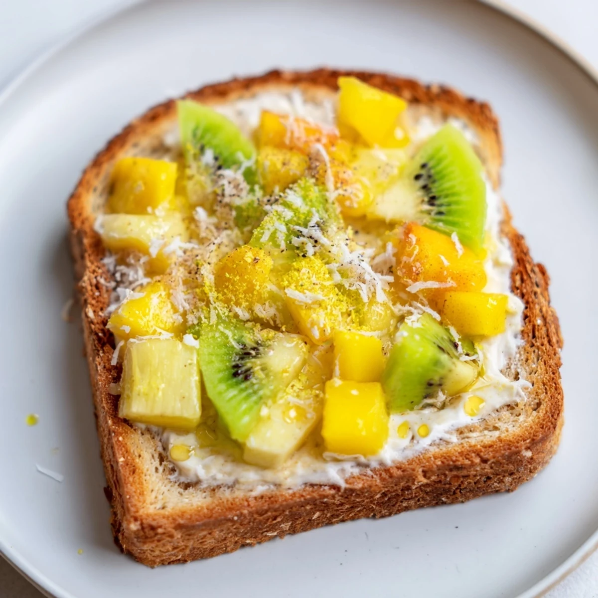 Creamy yogurt-custard toast topped with fresh tropical fruits and coconut shavings.  