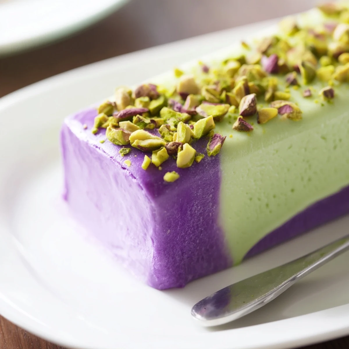 Colorful and nutty ube and pistachio ice cream bars, perfect for summer gatherings.