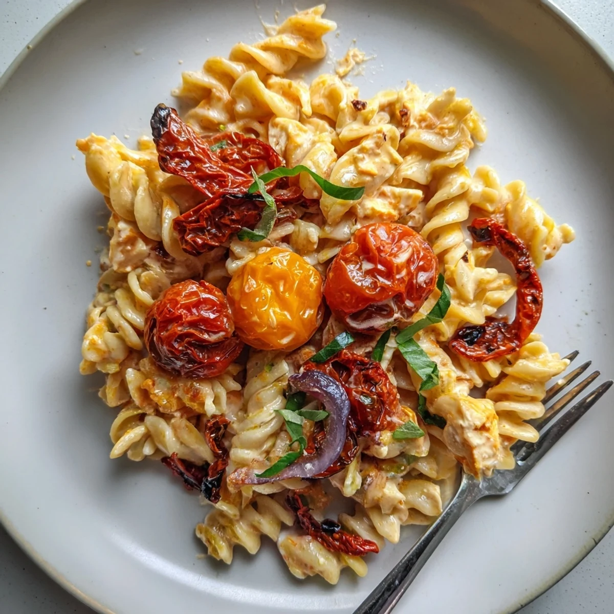 Creamy Baked Feta Pasta topped with caramelized onions and sun-dried tomatoes, ready to serve.  