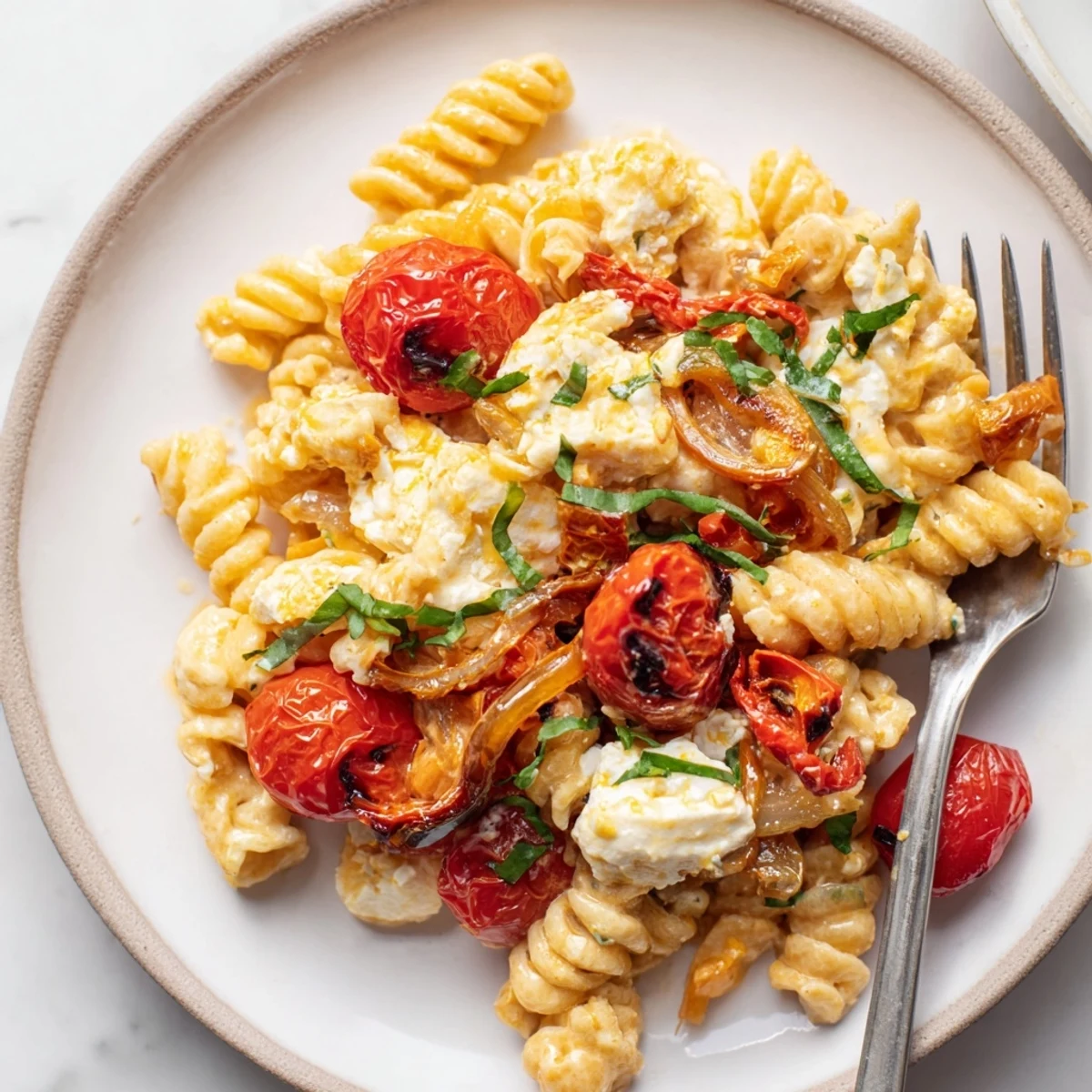 Delicious Baked Feta Pasta, beautifully melted cheese blending with cherry tomatoes and rich flavors.