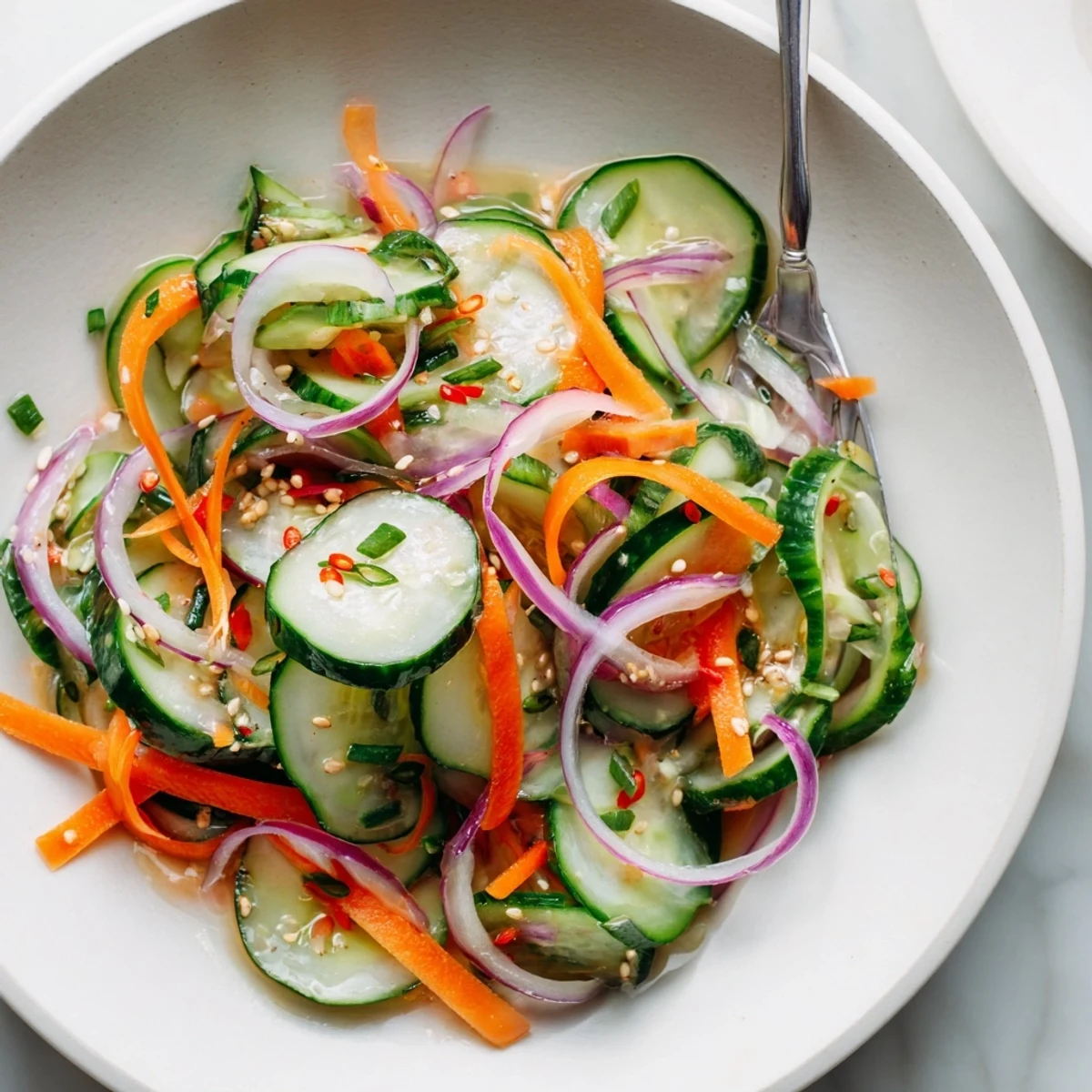Refreshing cucumber salad remix highlighting crunchy veggies and flavorful sesame oil.