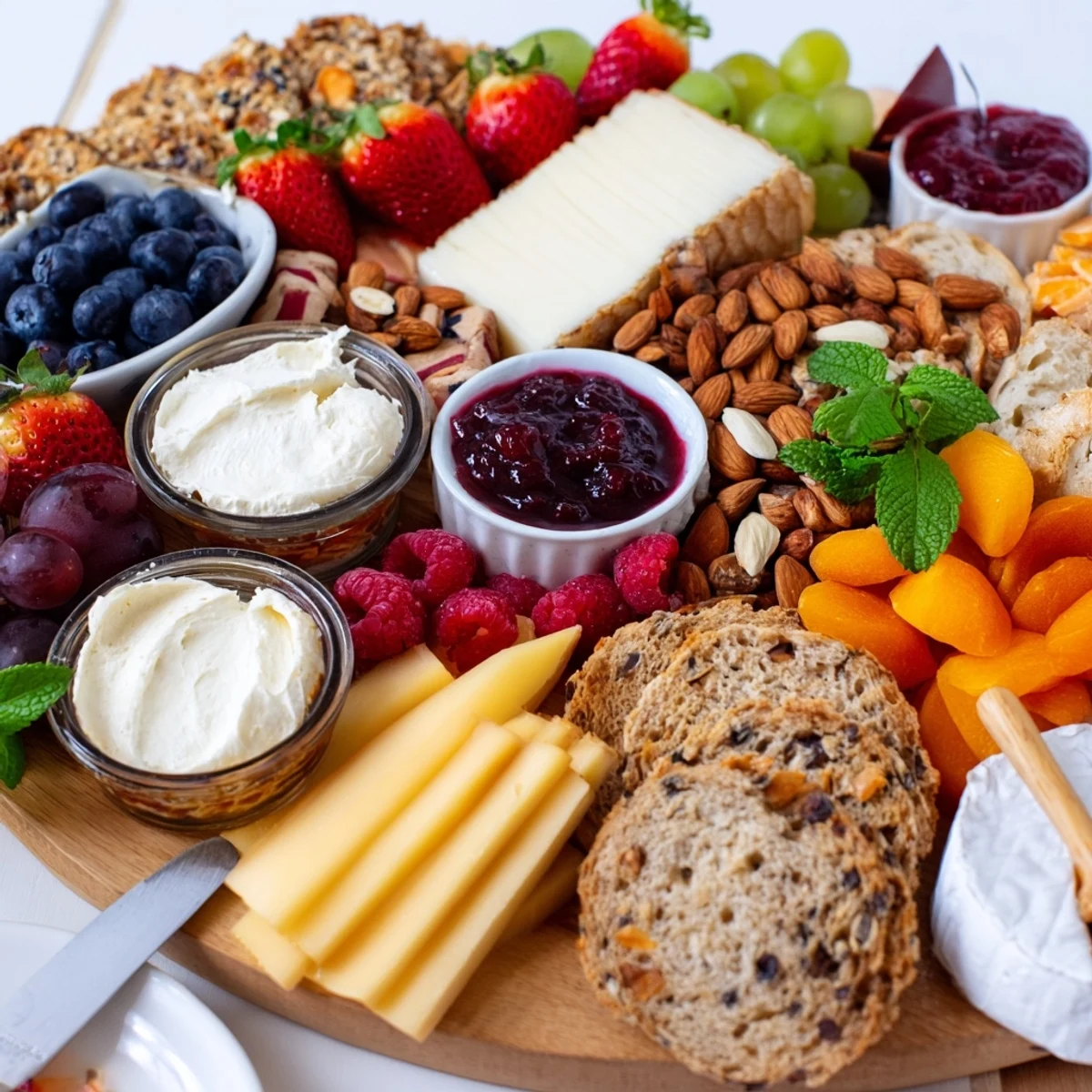 Vibrant jam-infused brunch board with cheeses, fresh fruit, and crusty breads.