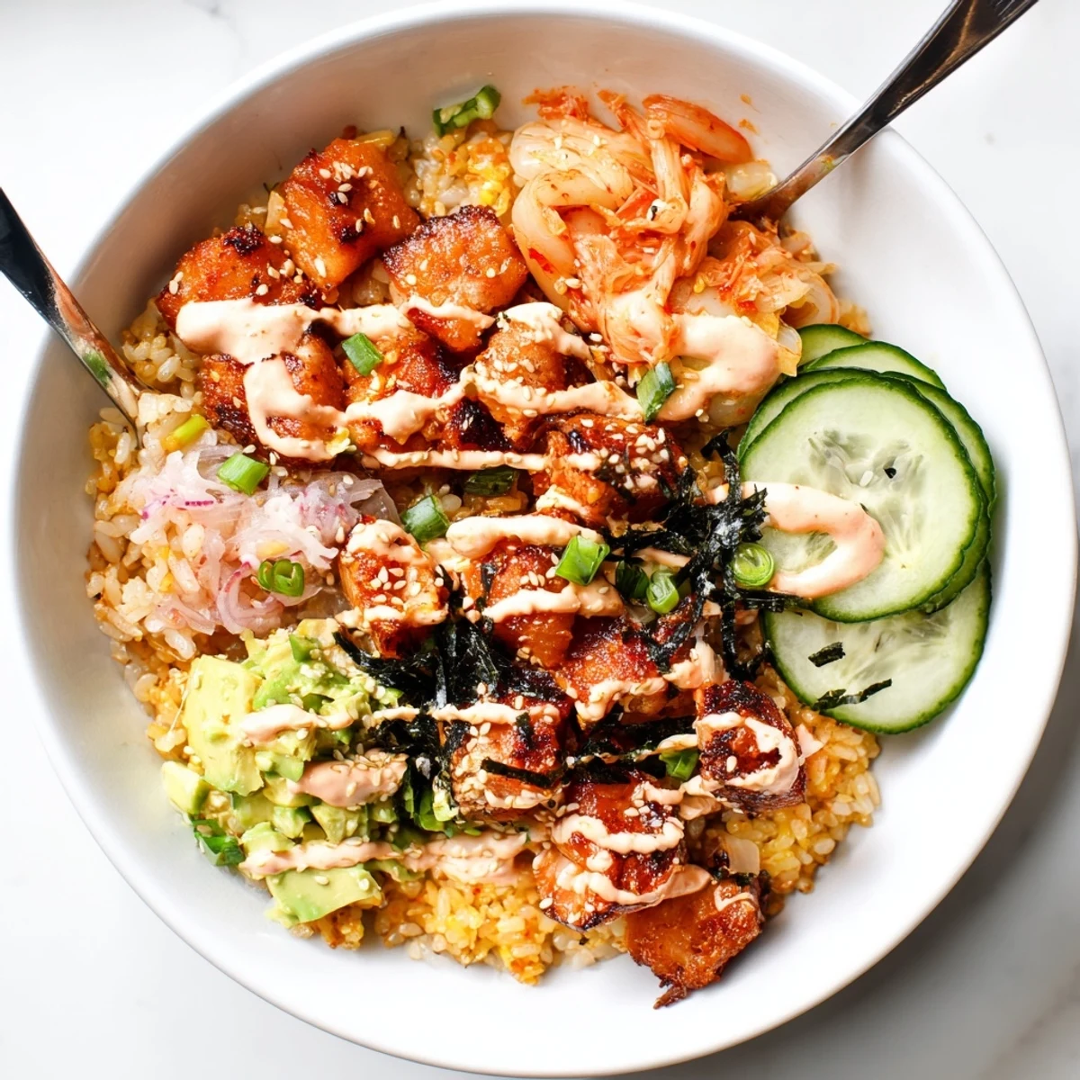 A hearty Crispy Salmon Rice Bowl with garlic, avocado, and tangy kimchi toppings.