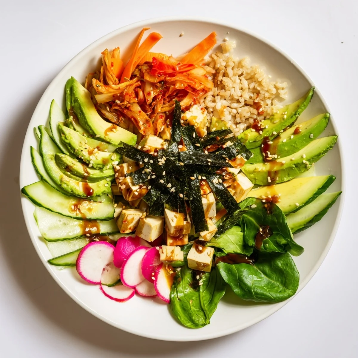 Delicious fermented vegetable bowl piled high with colorful veggies and hearty grains.