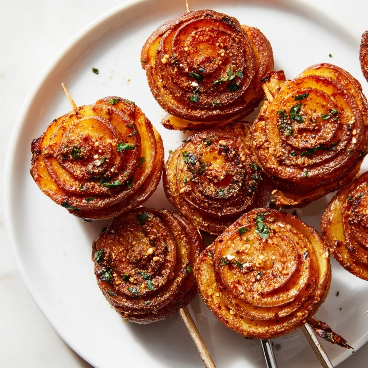 Crispy air-fryer tornado potatoes on skewers, seasoned with garlic and paprika.  