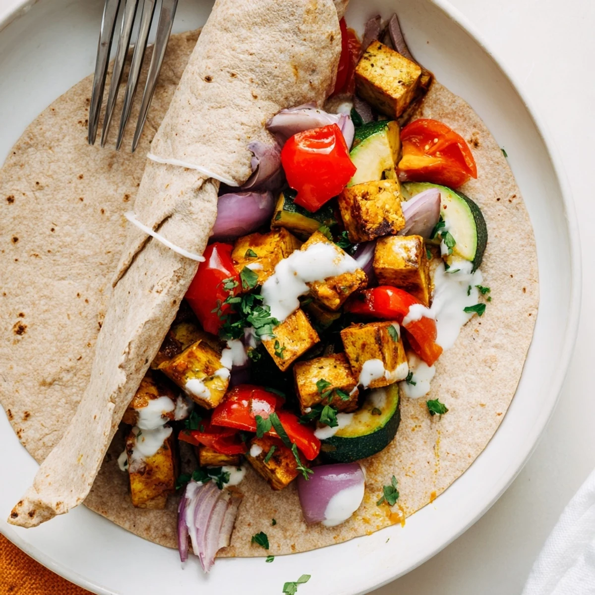 Freshly roasted tofu and veggies in a vibrant vegan viral recipe remake creation.