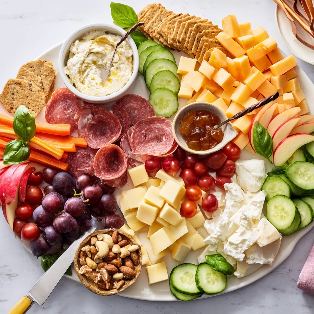 A colorful girl dinner platter filled with cheeses, fruits, and delightful dips.  