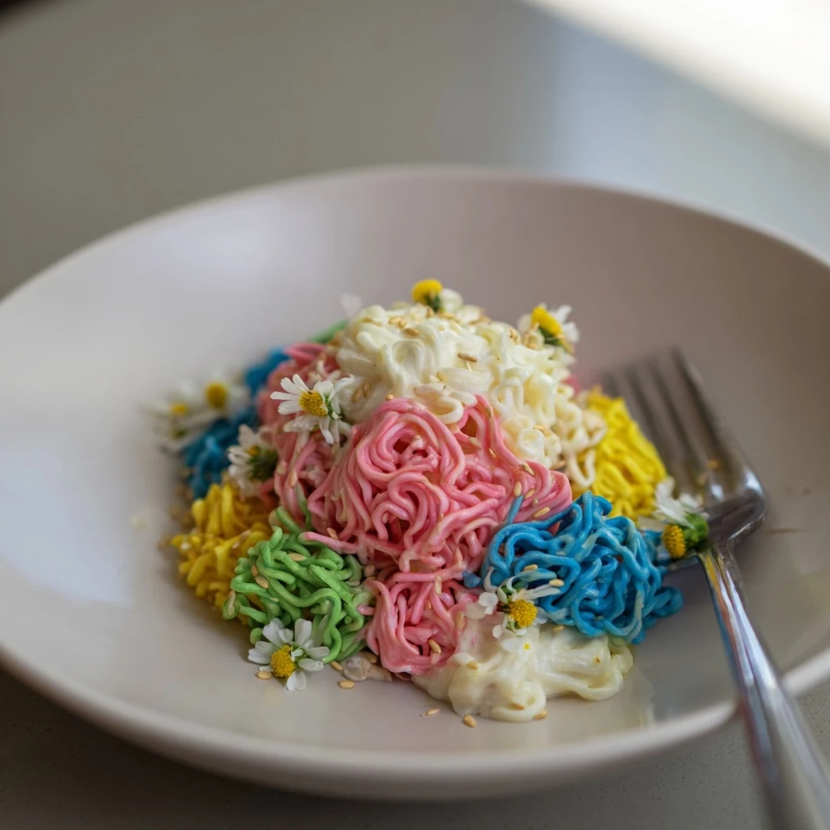Delightful Neon Noodle Cloud featuring distinct hues in a rich, creamy sauce for happy dining.