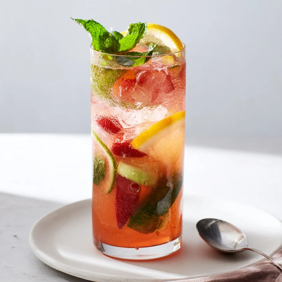 Refreshing water-based mocktails with fresh fruit slices and mint garnish.  