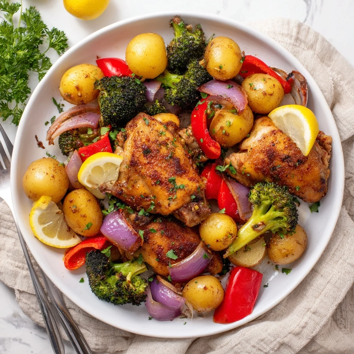 Tender Lazy Gourmet Chicken & Vegetable One-Pot dish garnished with parsley and lemon wedges.  