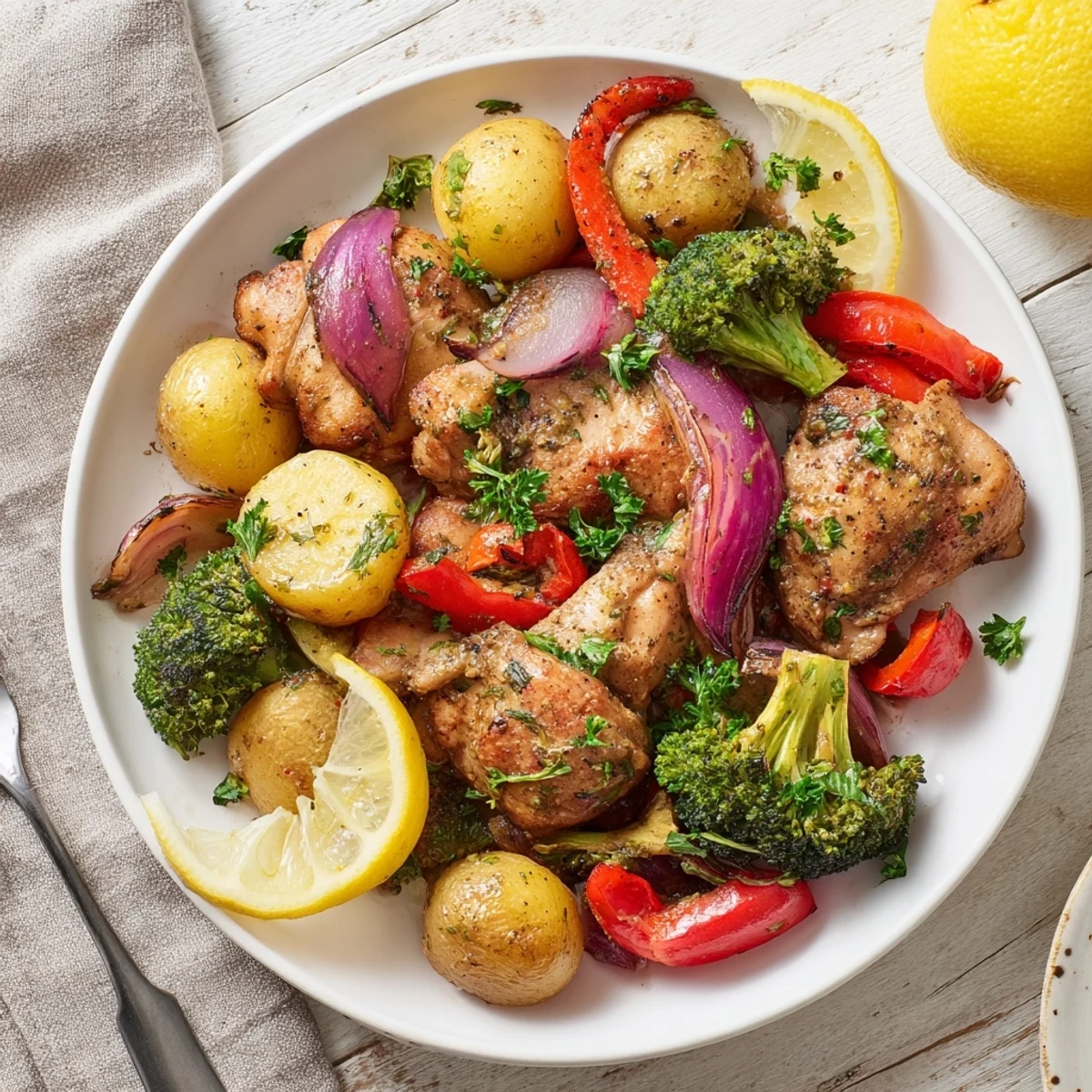 Brightly colored Lazy Gourmet Chicken & Vegetable One-Pot meal featuring juicy chicken and fresh vegetables.  