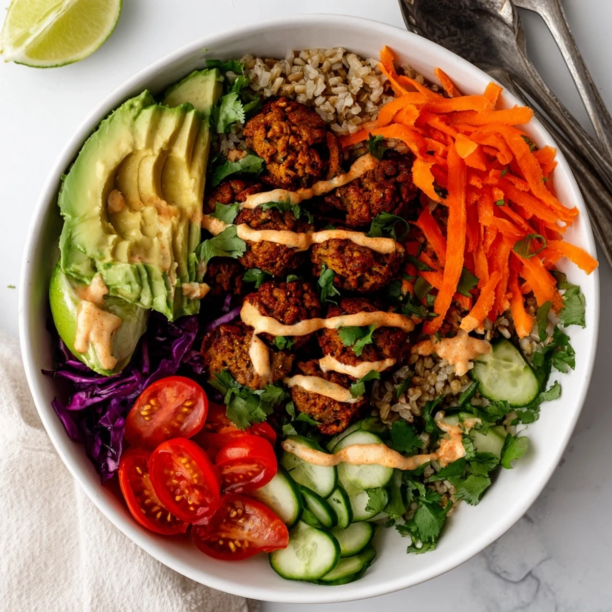 A delicious plant-based meat bowl topped with fresh vegetables and vibrant seasonings.  