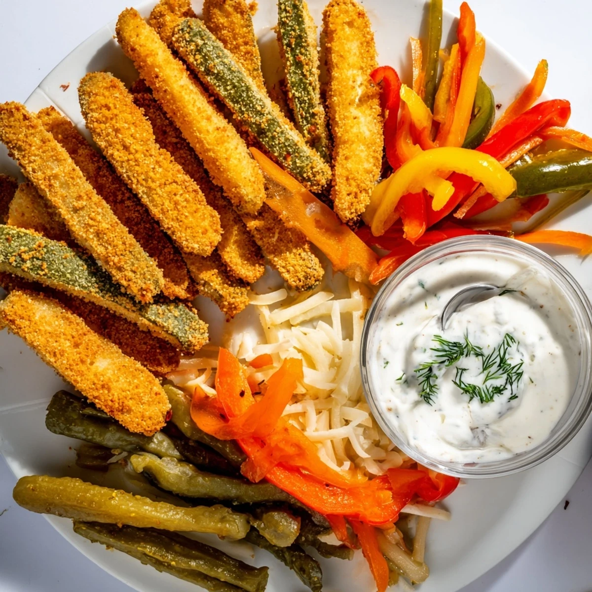Crispy fried pickles served alongside vibrant, tangy pickled vegetables for pickle lovers.  
