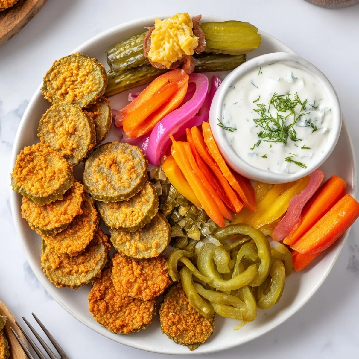 Indulge in a colorful platter featuring fried pickles and pickled-wrapped bites, perfect for snacking.  