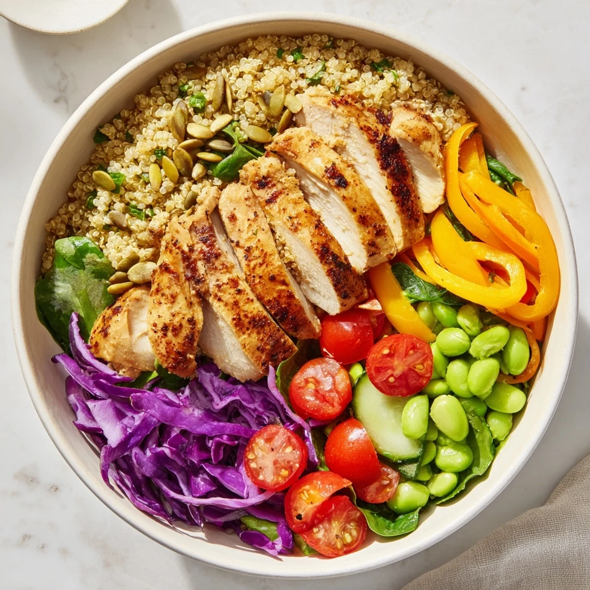 Vibrant Healthy Meal-Prep Bowls showcasing colorful veggies and wholesome quinoa layers.  