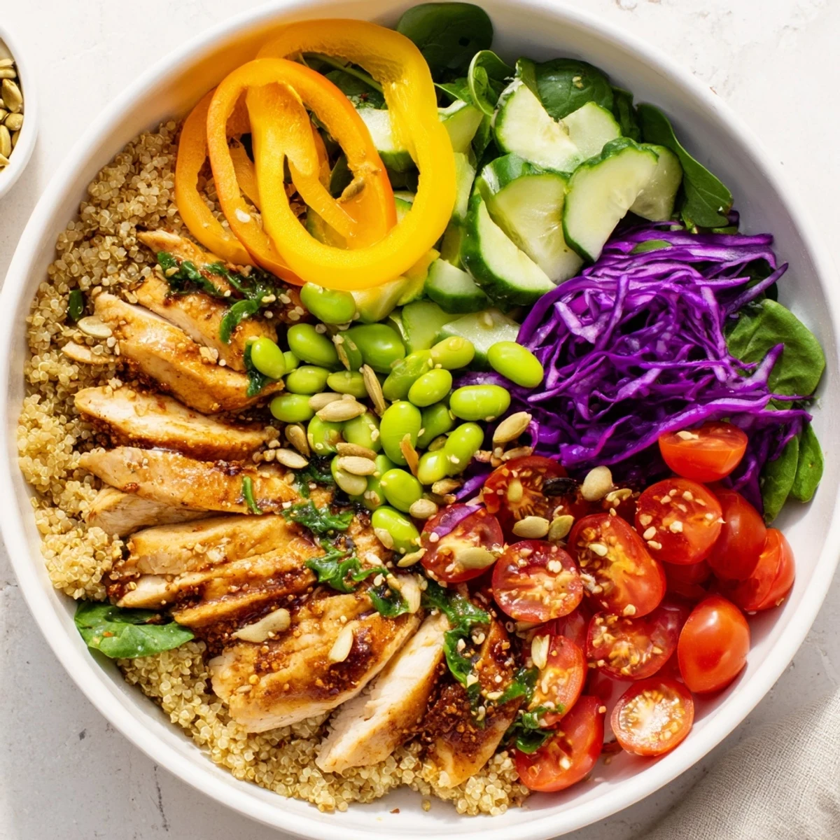 Eye-catching Healthy Meal-Prep Bowls featuring rainbow vegetables, juicy protein, and nutty pumpkin seeds.