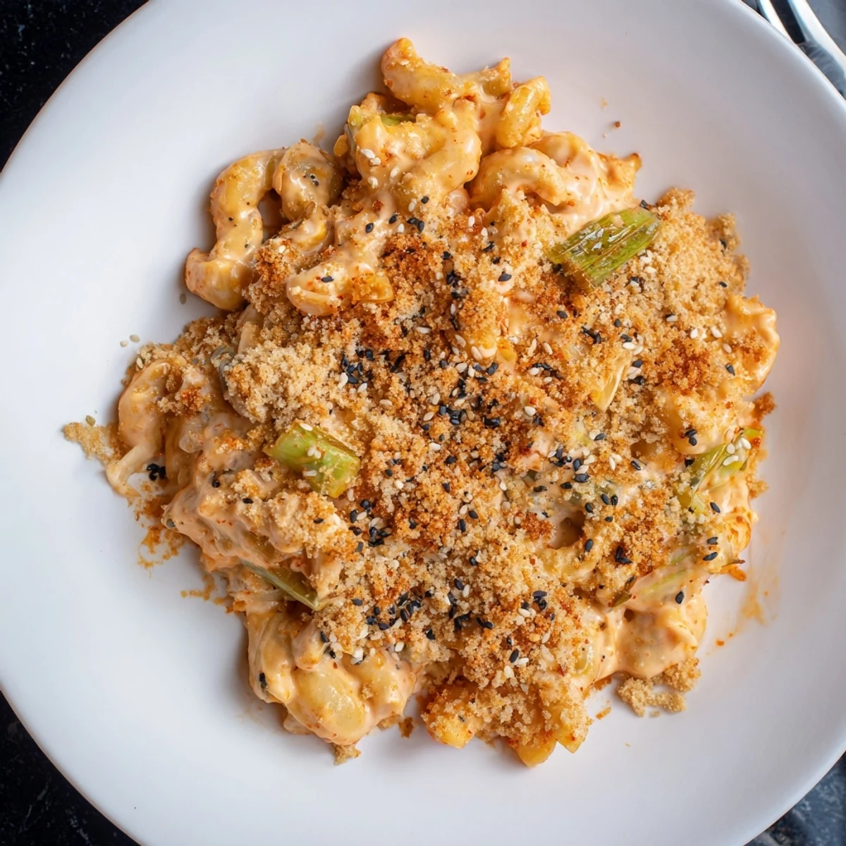 Bold Spicy Kimchi Mac & Cheese topped with crunchy sesame breadcrumbs, perfect for comfort food lovers.  