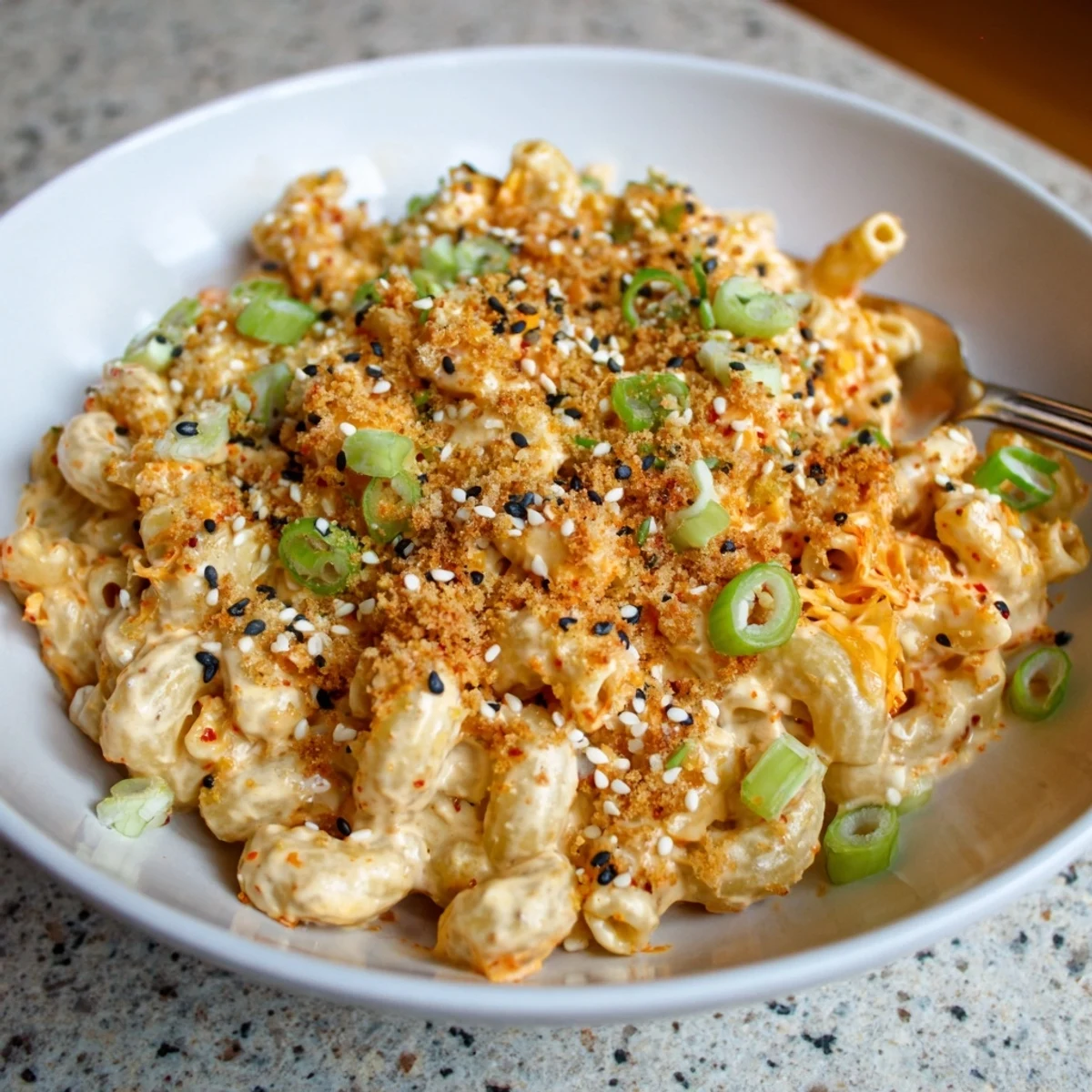 Creamy Spicy Kimchi Mac & Cheese, blending tangy flavors with rich cheeses for a delightful meal.  