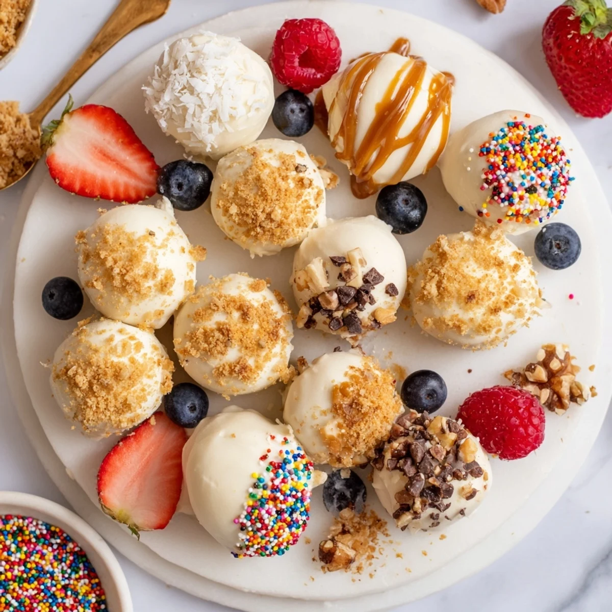 Deconstructed dessert board with creamy cheesecake bites and vibrant fresh fruit toppings.  