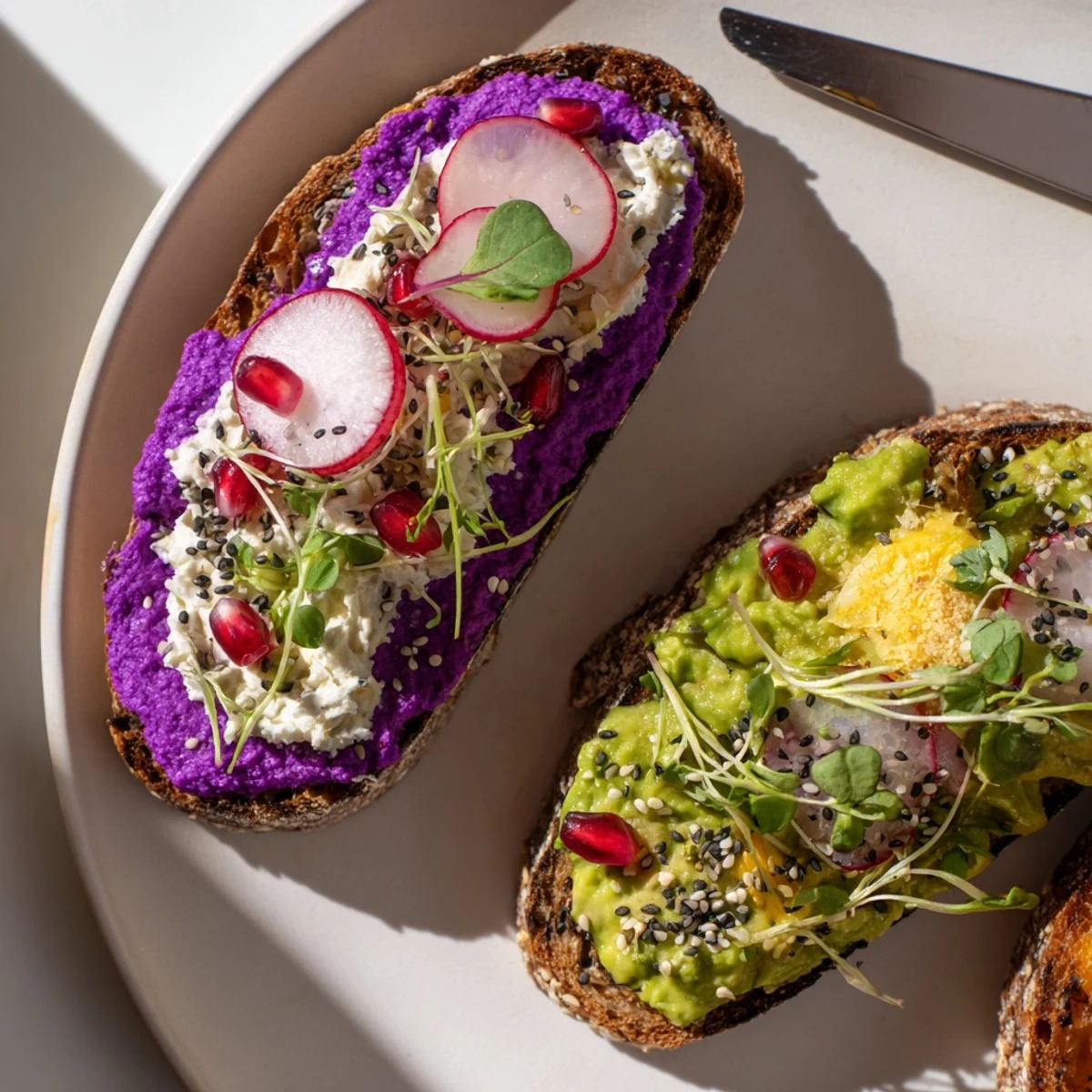 Vibrant Bright & Bold Breakfast Toasts topped with colorful ube and avocado for a delightful morning.