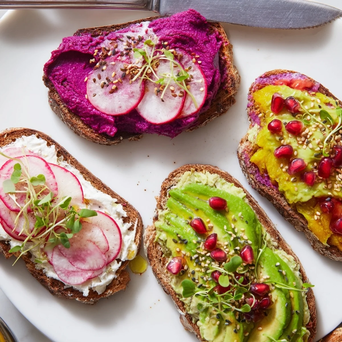 Delectable Bright & Bold Breakfast Toasts layered with creamy ube and fresh garnishes, perfect for brunch.