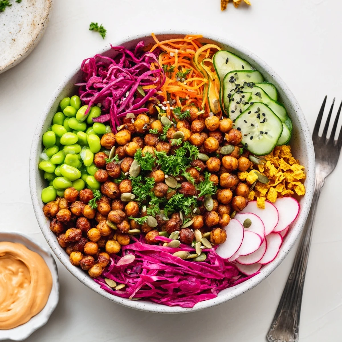 Delicious ASMR Crunch Snack Bowls filled with colorful vegetables and crispy toppings.  