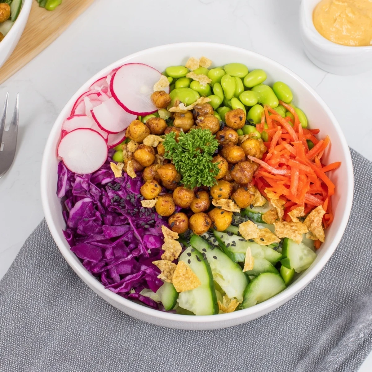 Eye-catching ASMR Crunch Snack Bowls topped with roasted chickpeas and colorful veggies.