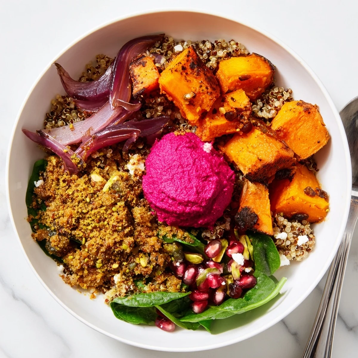 A comforting spiced winter bowl filled with vibrant roasted veggies and creamy ube-coconut.  