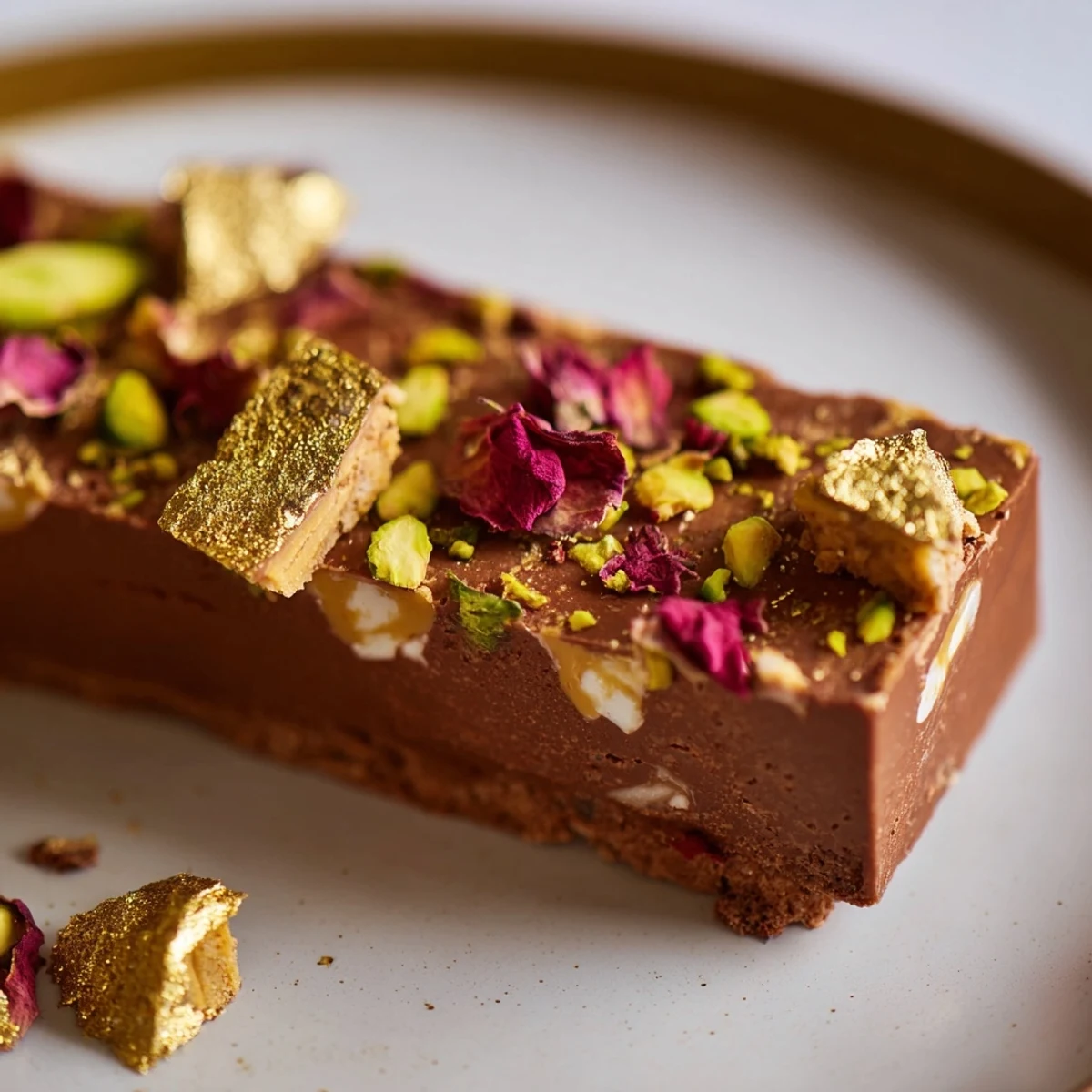 Luxurious Chocolate Bar Inspired Creations garnished with rose petals and edible gold leaf.
